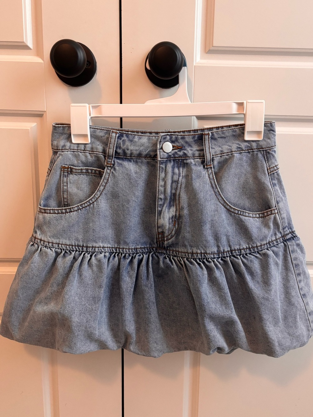 Light Blue Denim Ruffle Mini Skirt - Women